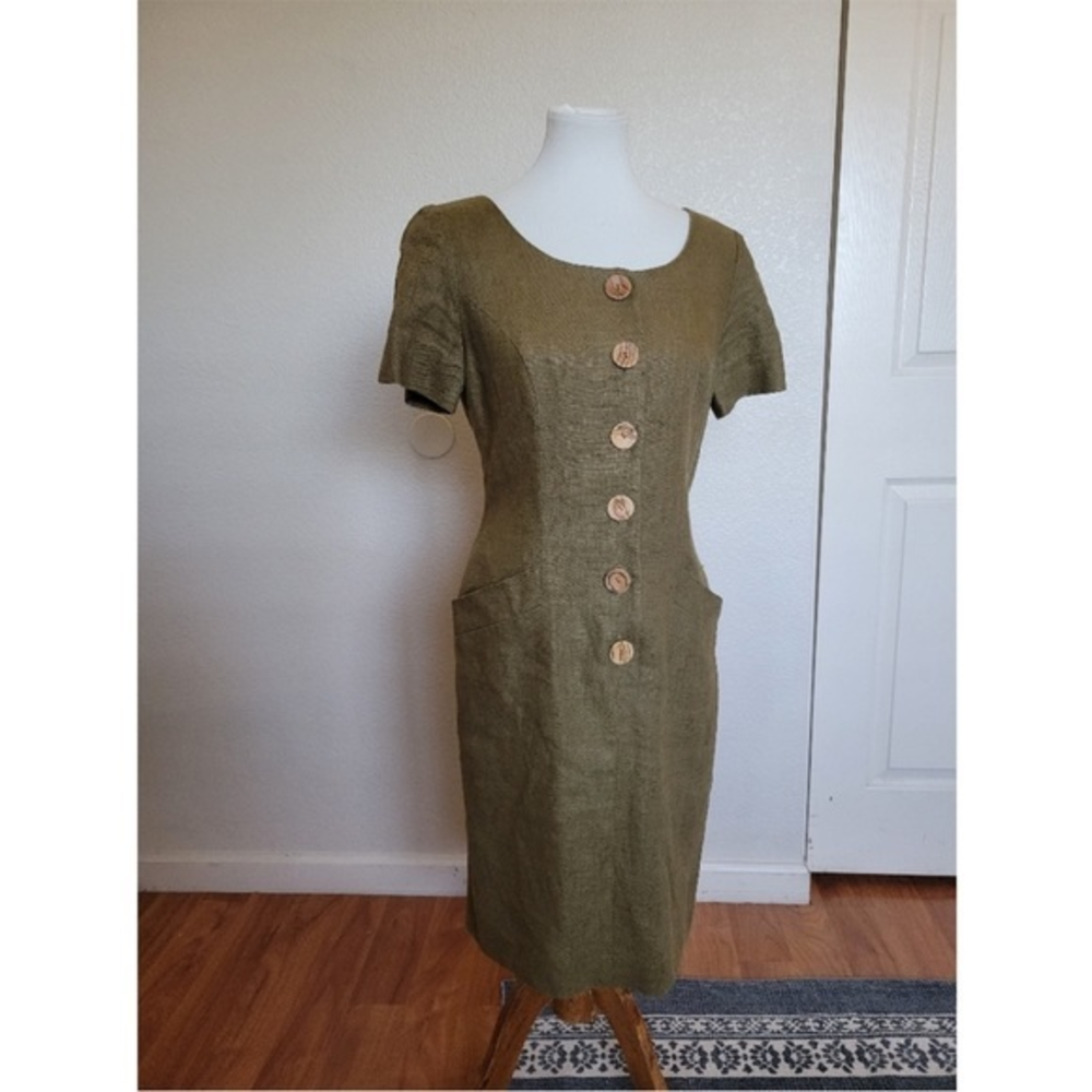 Santa Fe By‎ Jim Tremblay Vintage 100% Linen Pencil Dress Sz 10 Olive Green